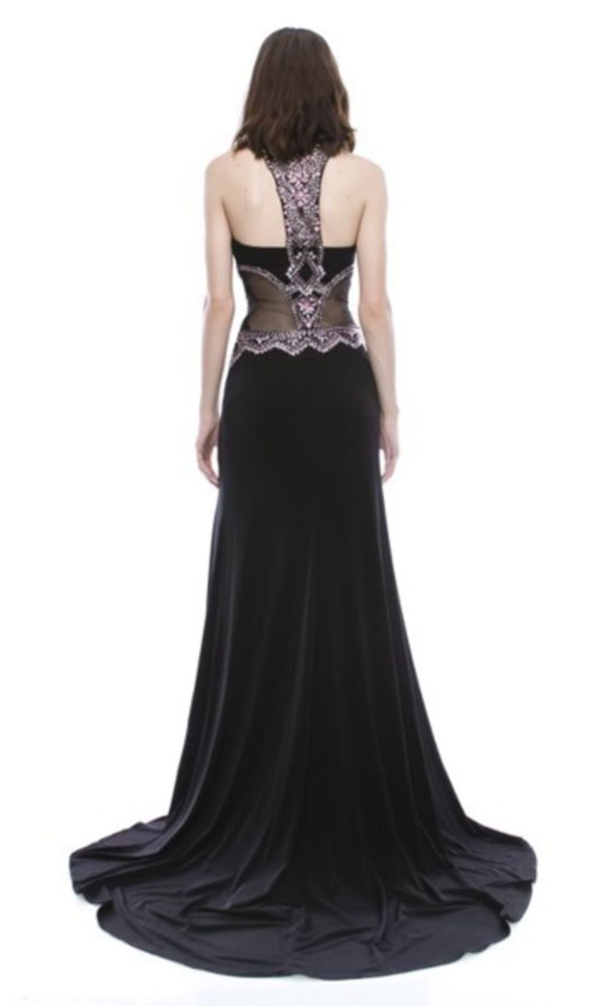 A woman stands facing away on a white background, wearing the Chicas C6025 high-neck long black prom dress with a lace-up back and decorative embellishments.